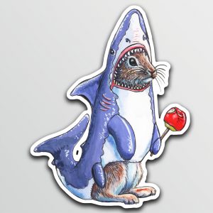 A sticker with an illustration of a rabbit wearing a shark costume and holding a candied apple.