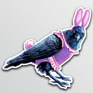 Sticker of an illustration of a crow wearing a pink bunny costume.