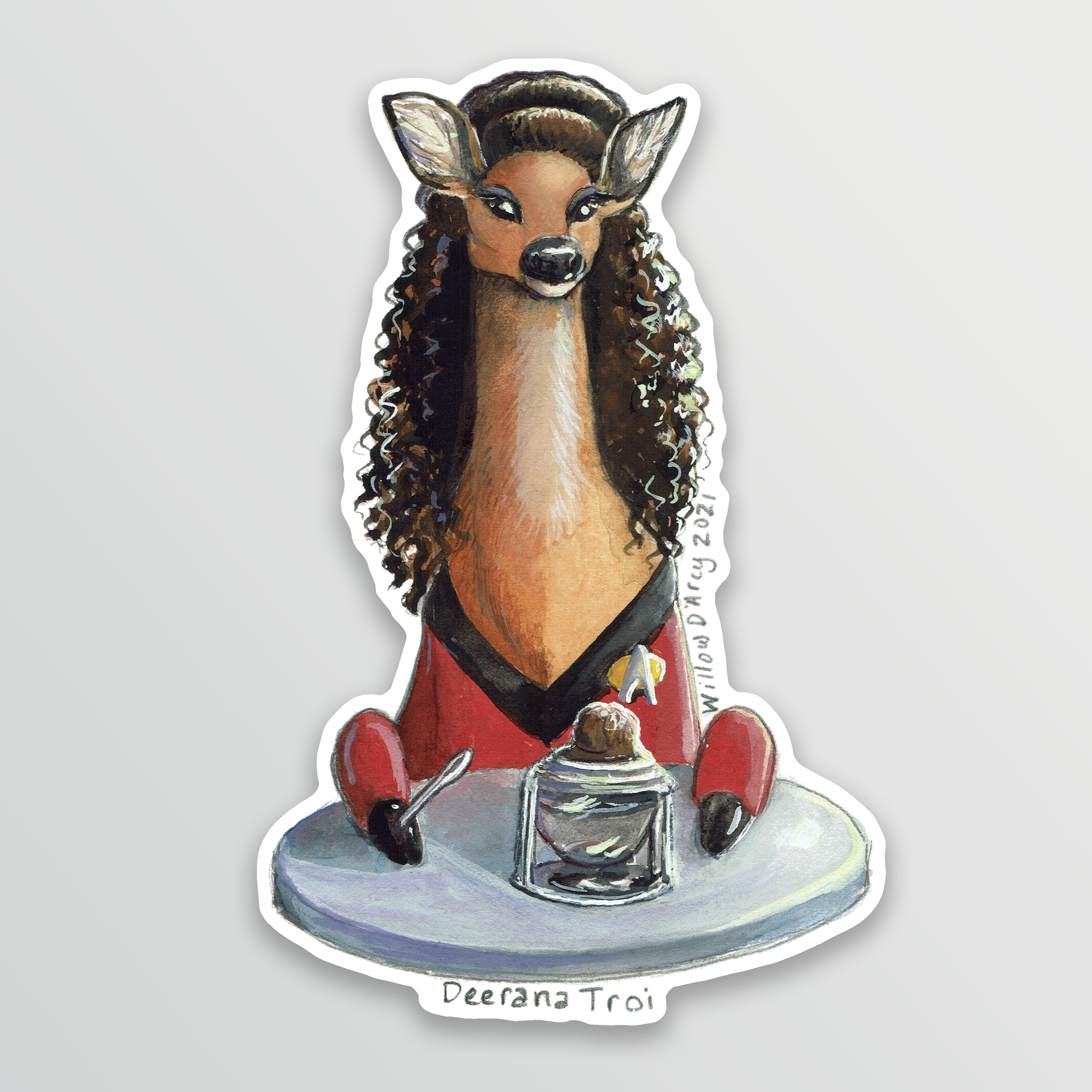 Sticker of an illustration of a deer wearing a science fiction character costume, sitting in front of a dessert.