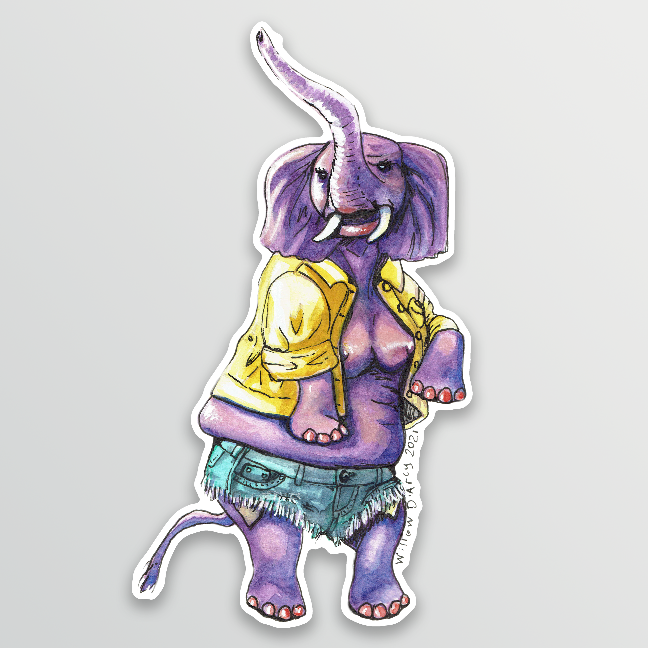 Sticker of an illustration of a sassy elephant in a cute jacket and shorts.