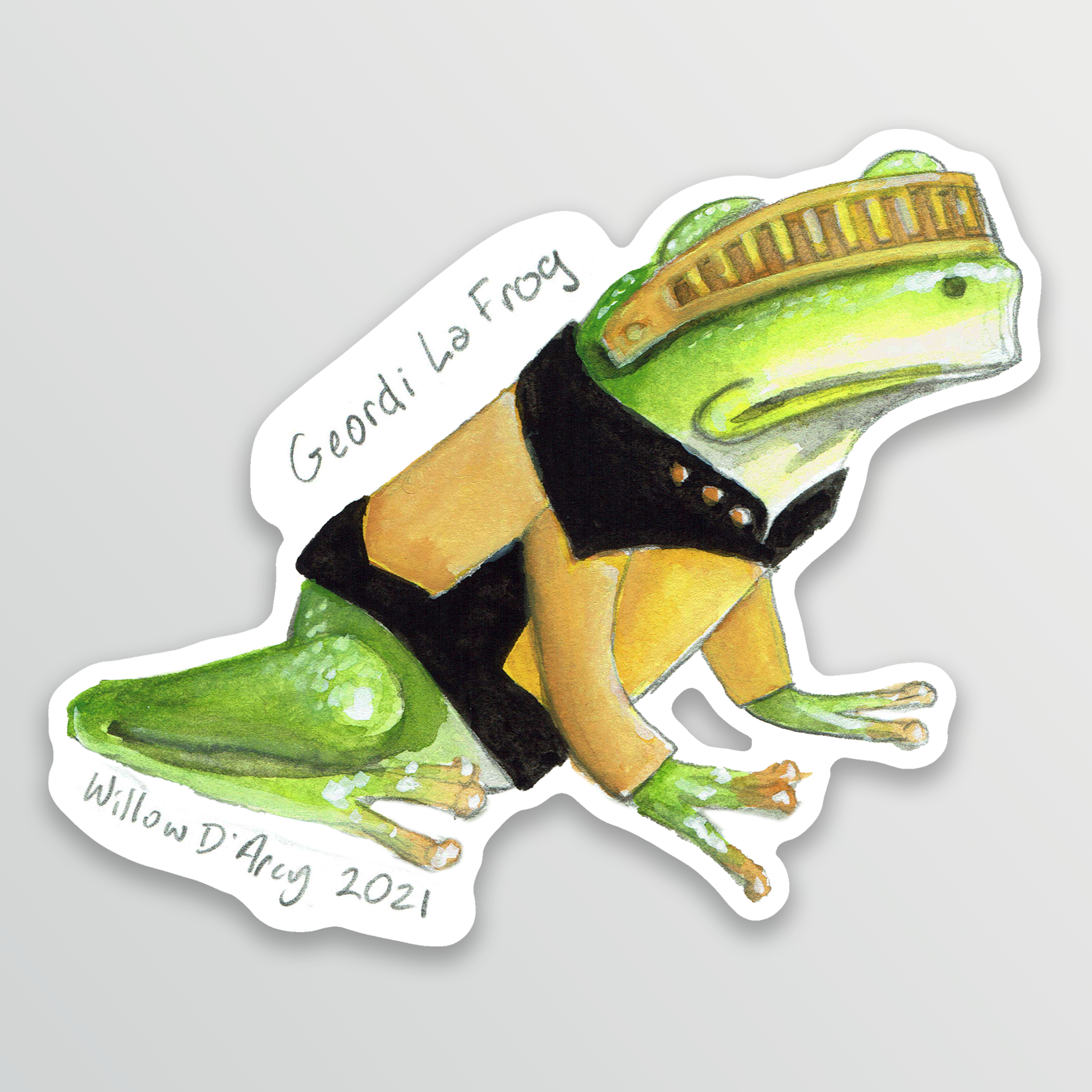 Sticker of an illustration of a frog wearing a science fiction character costume.