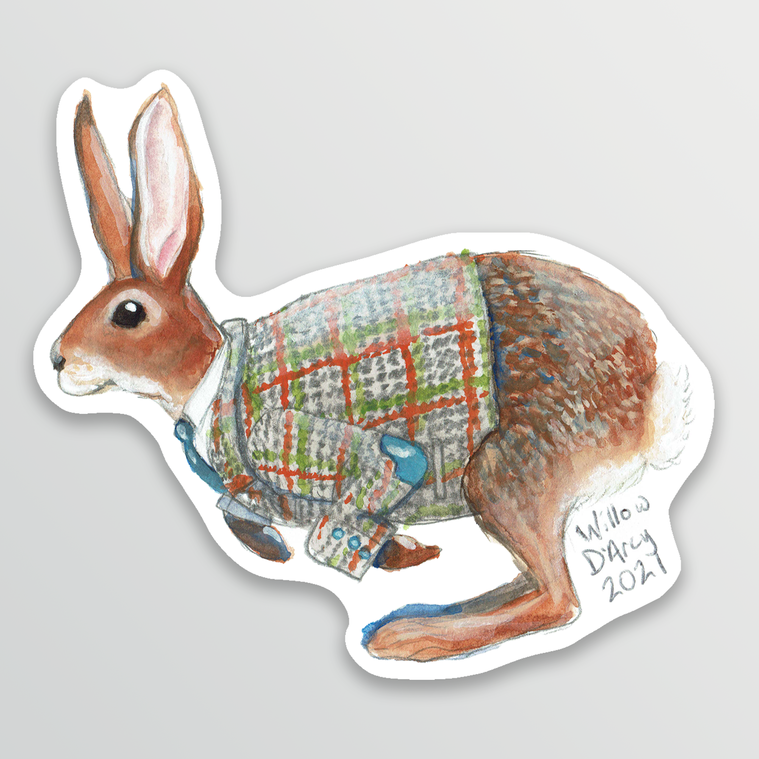 Sticker of an illustration of a hare wearing a tweed jacket.