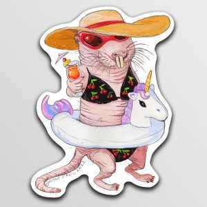 Sticker of an illustration of a naked mole rat in a cherry print bikini with a unicorn float, mai tai cocktail, straw hat and sunglasses.