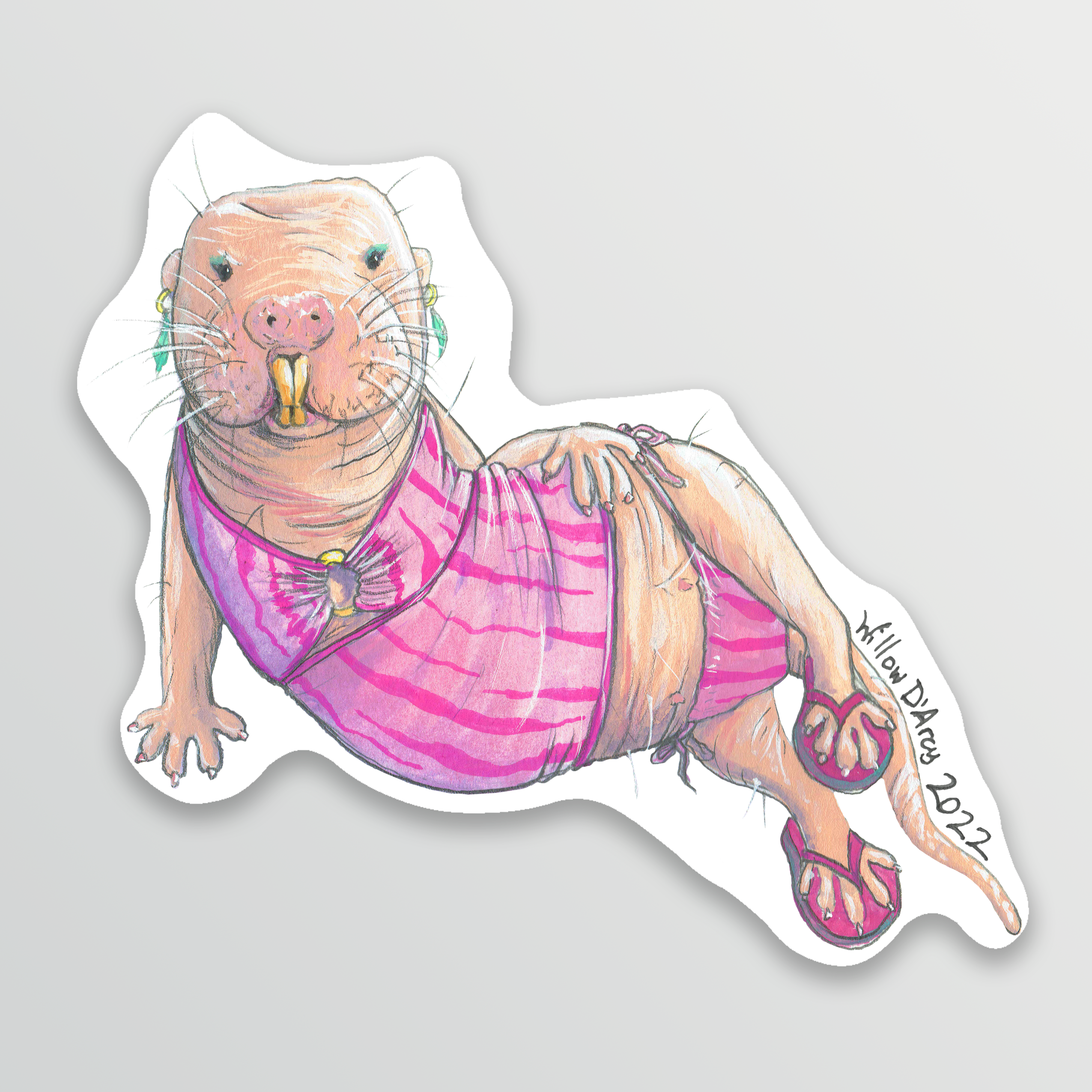 Sticker of an illustration of a naked mole rat wearing a cute pink bikini and sandals.