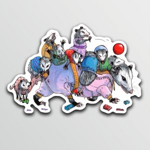 Sticker of an illustration of an opossum carrying her many children on her back, they are all wearing cute clothes and the momma has just stepped on a toy block.