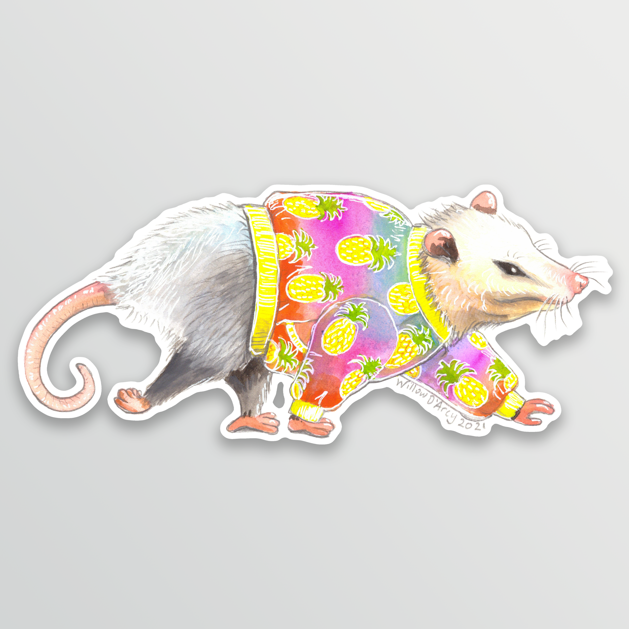 Sticker of an illustration of an opossum wearing a jacket with a pineapple print.
