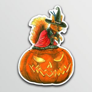 Sticker of an illustration of a squirrel wearing a witch costume sitting on a Jack O’Lantern.