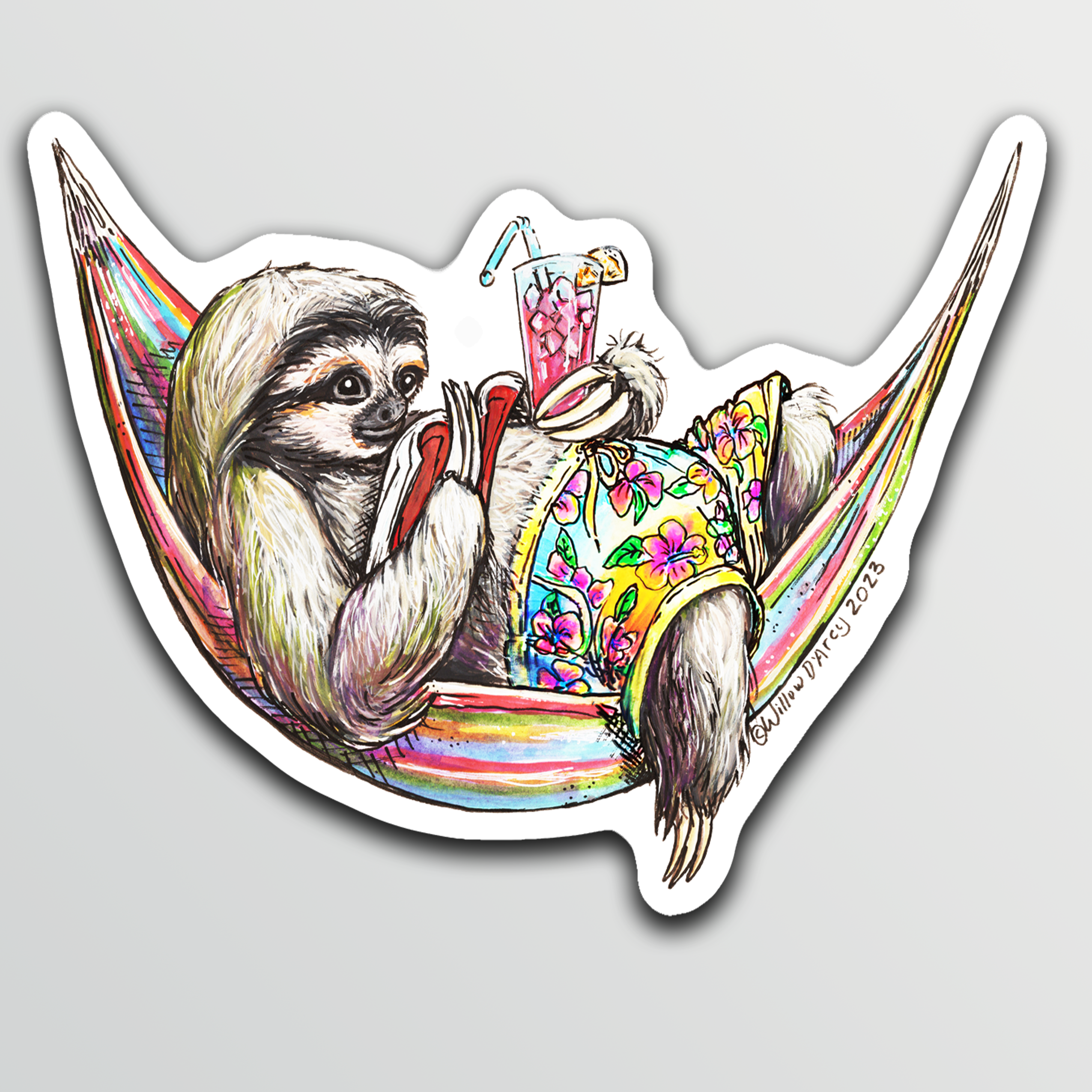 Sticker of an illustration of a sloth in a colorful hammock wearing tropical shorts, holding a pink drink and reading a book.