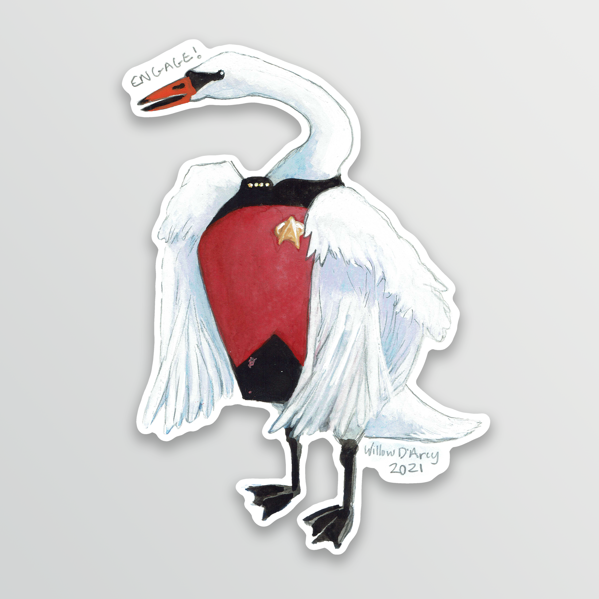 Sticker of an illustration of a swan wearing a science fiction character costume and saying “Engage!”