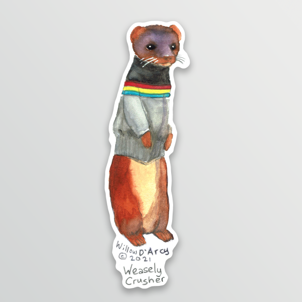 Sticker of an illustration of a weasel wearing a science fiction character costume.