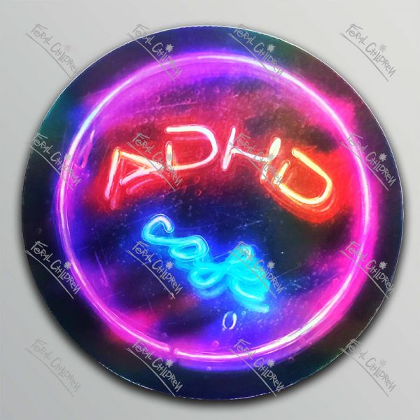 A round holographic sticker of an illustration of a glowing red round neon sign for a fictional diner called the ADHD Cafe.