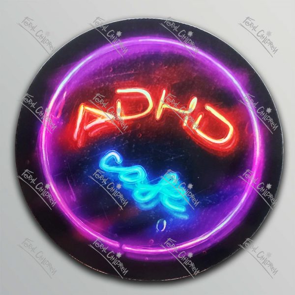 A round glossy sticker of an illustration of a glowing red round neon sign for a fictional diner called the ADHD Cafe.