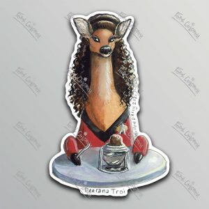 A sticker of an illustration of a deer dressed as a character from a popular science fiction space exploration show sitting at a table in front of a chocolate sundae.