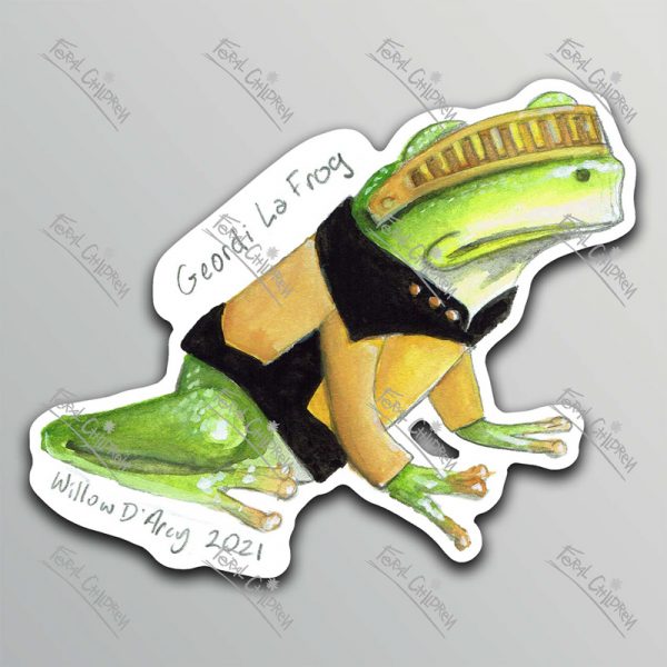 A sticker of an illustration of a frog dressed as a character from a popular science fiction space exploration show wearing a visor and uniform.