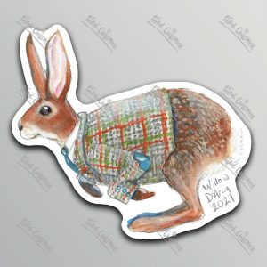 A sticker of an illustration of a handsome hare wearing a smart tweed jacket with elbow patches, a white collared shirt and a blue tie.