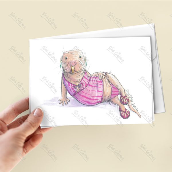 Funny semi realistic naked mole rat in a pink bikini laying in a sultry pose wearing pink flip flops and turquoise earrings. 