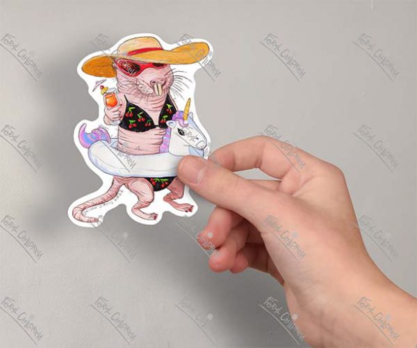 A sticker of an illustration of a naked mole rat in a cherry print bikini with a unicorn float, mai tai cocktail, straw hat and sunglasses.