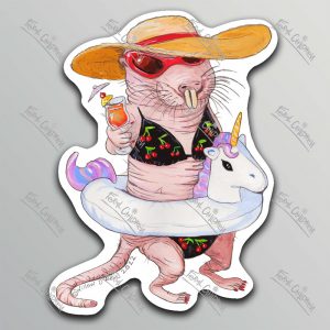 A sticker of an illustration of a naked mole rat in a cherry print bikini with a unicorn float, mai tai cocktail, straw hat and sunglasses.