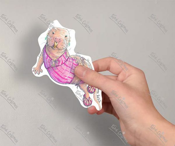 A sticker of an illustration of a naked mole rat wearing a cute pink bikini, sandals, and earrings.