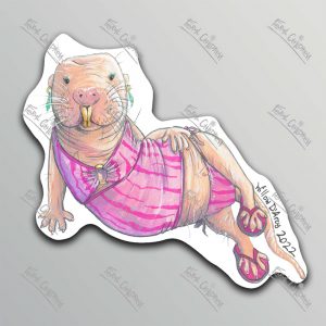 A sticker of an illustration of a naked mole rat wearing a cute pink bikini, sandals, and earrings.