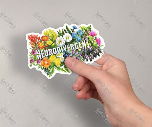 A glossy sticker of a botanical watercolor illustration of the word "Neurodivergent" with weeds and colorful wildflowers around it.