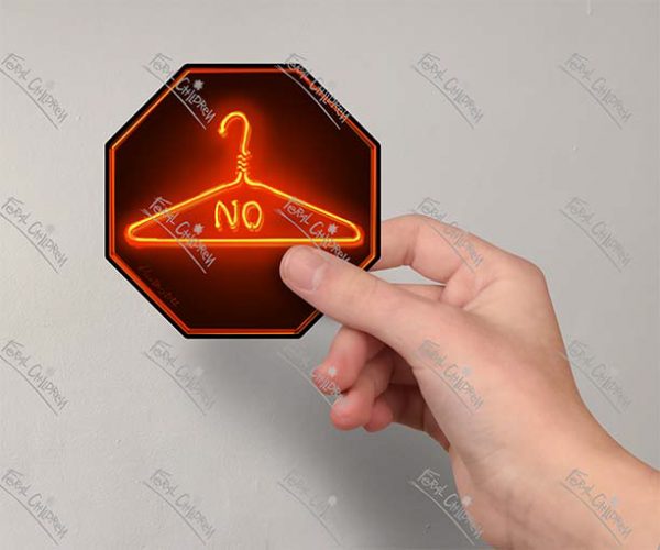 A sticker of an illustration of a neon coat hanger with the word "No" in a stop sign shape on a black background.