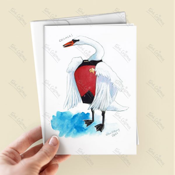 A swan dressed as a certain enterprising captain of a certain generation of starship