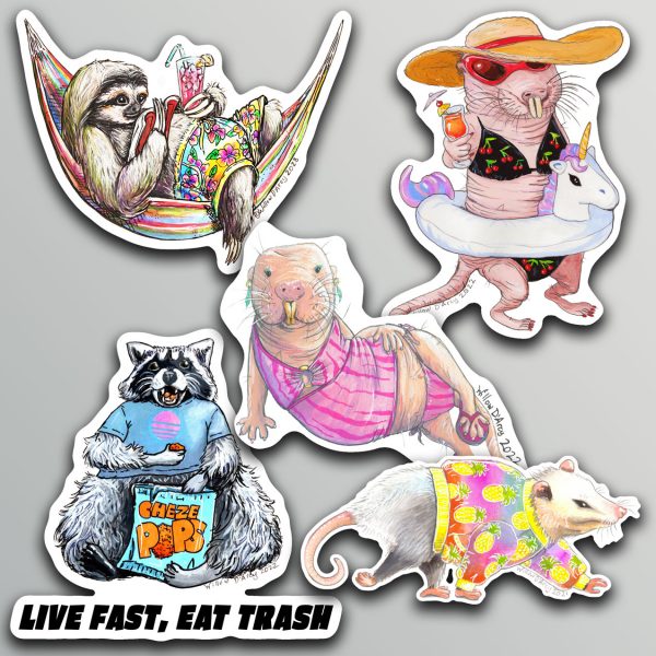 5 stickers: Sloth in hammock, 2 naked mole rats in bikinis, a raccoon eating cheese puffs and an opossum in a pineapple jacket