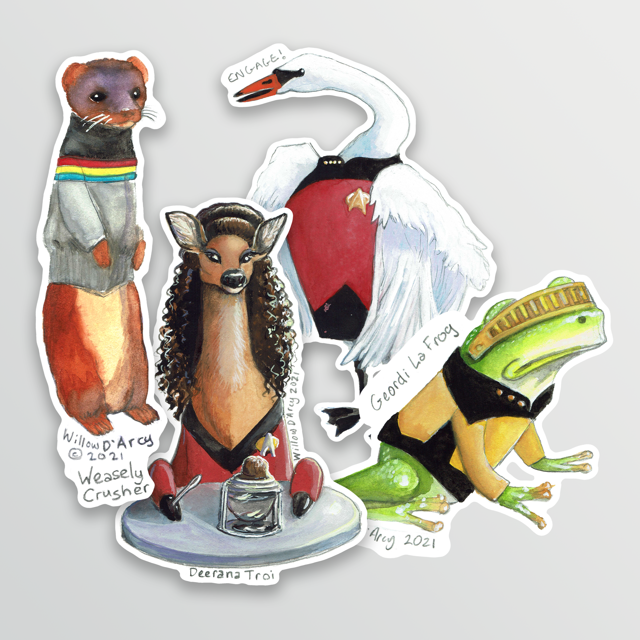 Set of 4 stickers - weasely crusher, swan luc picard, deerana troi and geordi lafrog